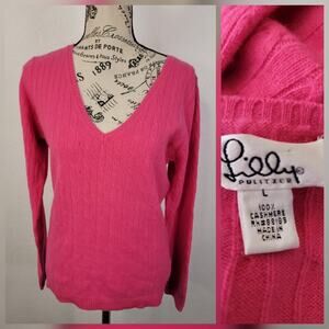 Lilly Pulitzer Sweater Womens SZ L 100% Cashmere Pullover V Neck Cable Knit Pink